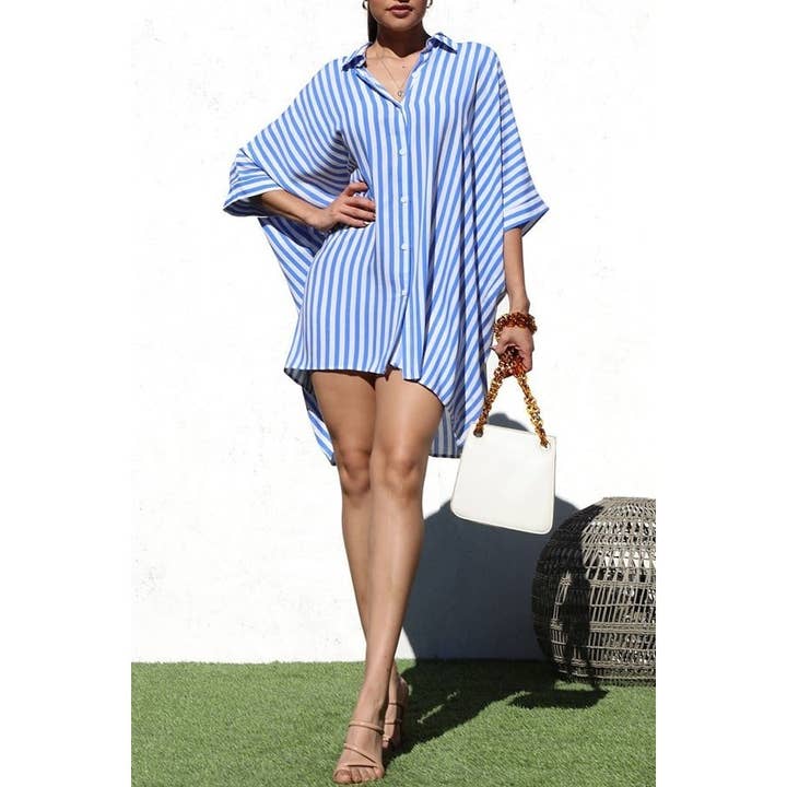 Robe-chemise tissée chic à rayures et boutonnée pour la vente par Esmeray Clothing