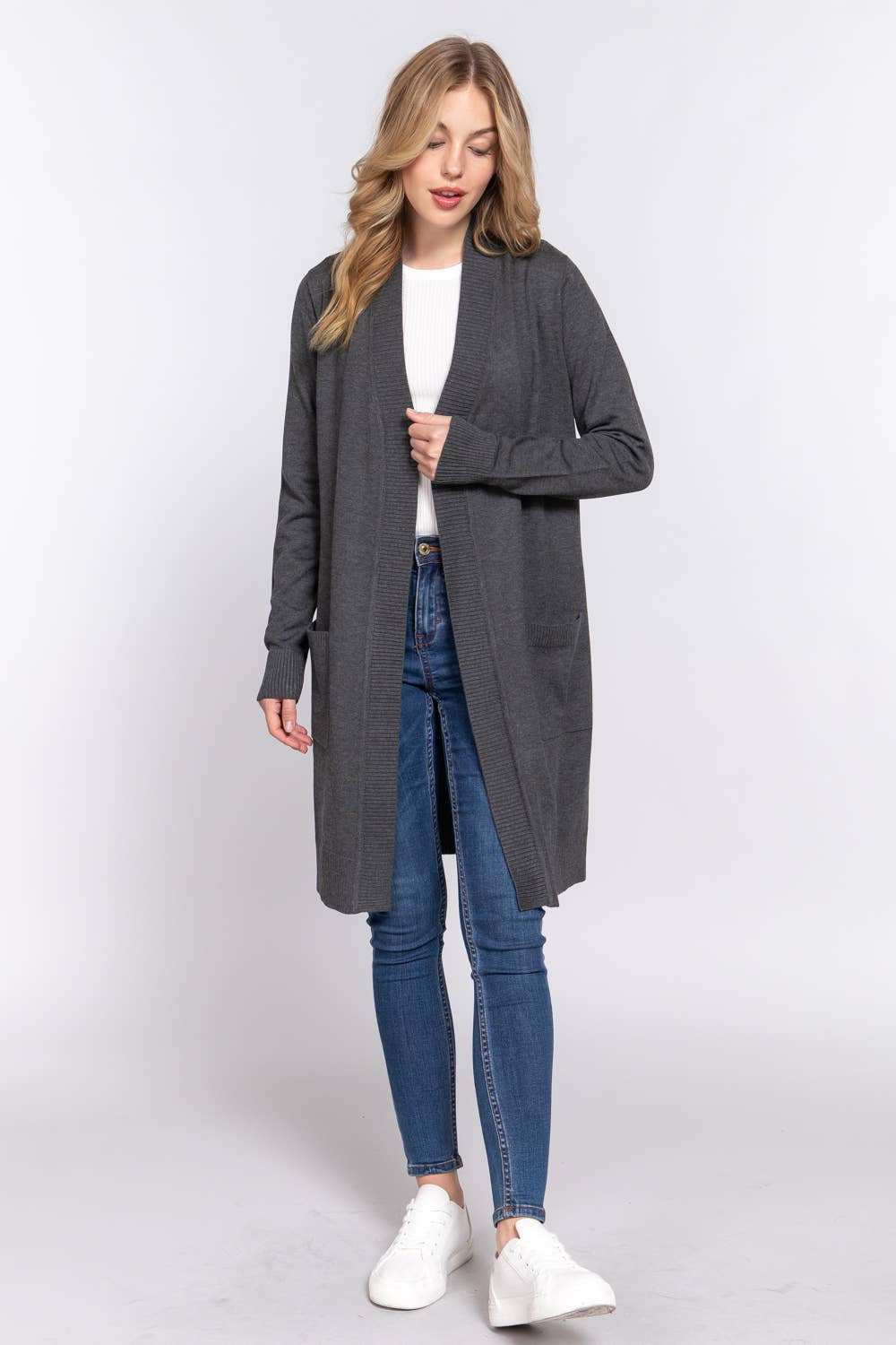 Active Basic | Active USA - Vendita all'ingrosso Cardigan - Donna - Cardigan tunica aperto a costine con maniche lunghe e banda19