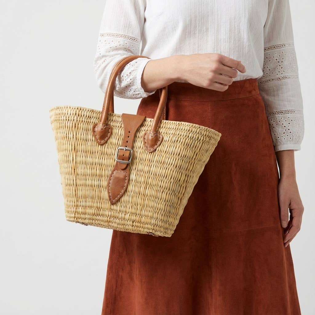Melecraft - Wholesale Basket - Woven Reed Market Basket Leather Strap - Natural Boho Tote10