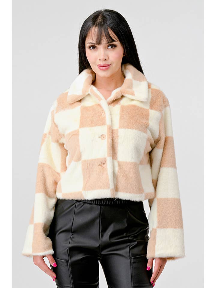 PG3310E-W_COZY FAUX FUR PLAID BUTTON DOWN FUZZY JACKETS for wholesale by PRIVY