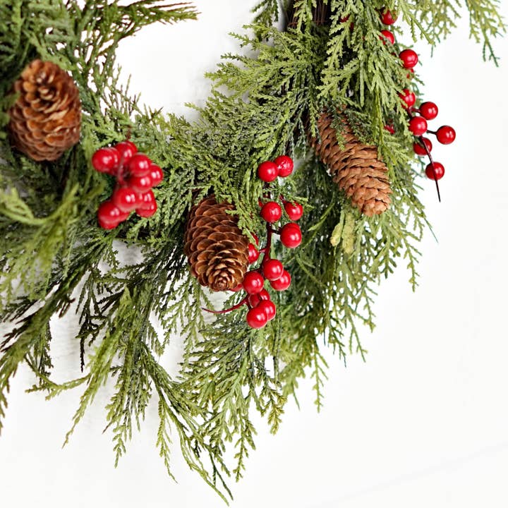 Holiday Depot Inc. - Wholesale Wreath - 510050- 22in Twig Wreath-Superior Real Touch Mix Cedar w.Red5