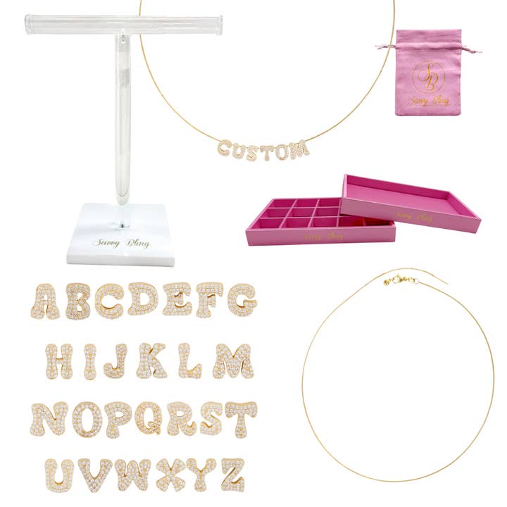 Cosmic Scroll CZ Initial Custom Word Name Necklaces for wholesale by Savvy Bling