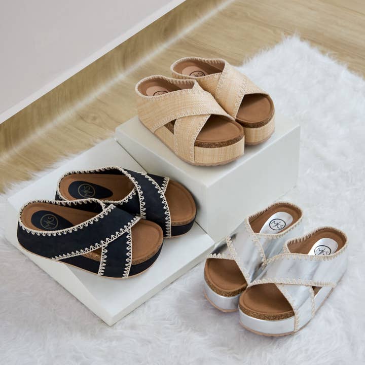 Nina 4 Sandale Compensée à Plateforme Croisée avec Détail de Couture Contrastée pour la vente par Maker's Shoes