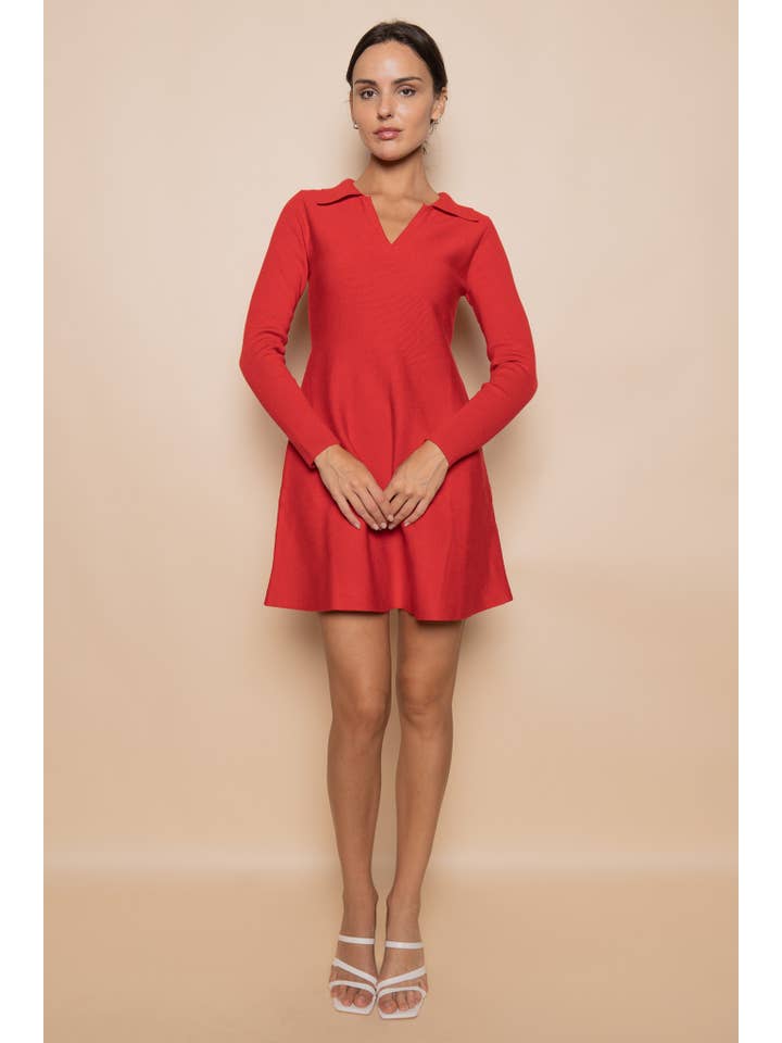 Fore Collection - Wholesale Dress - Women's - MINIMALIST V NECK LONG SLEEVE KNIT MINI DRESS-DI10363FO1