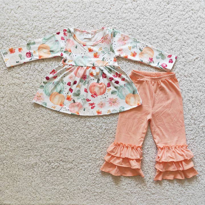 Aier Wholesale - Wholesale Top & Pant Set - Kids - Baby girls orange pumpkin tunic ruffle pants clothes sets