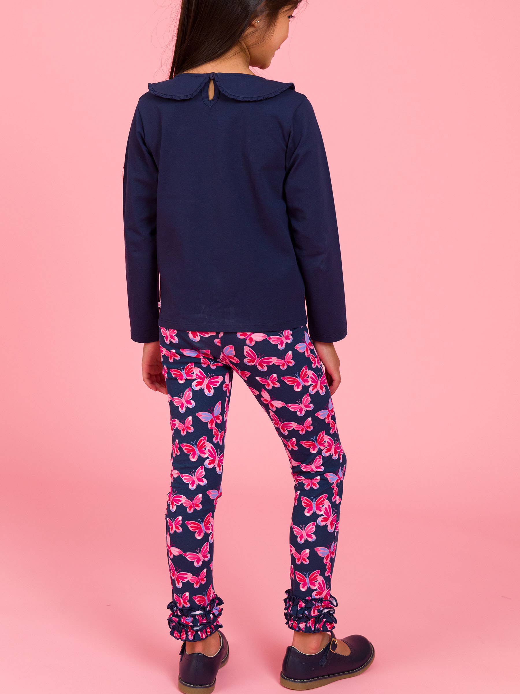Navy Girls Butterfly Bliss Classic Ruffle Leggings for wholesale on Faire2