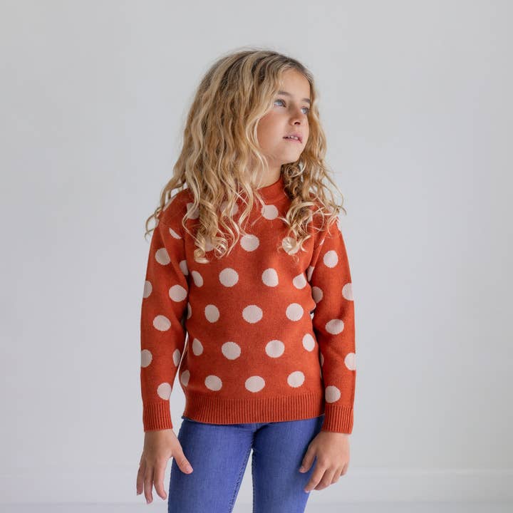 Oopsie Daisy - Wholesale Knit Sweater - Kids - Kids Rust & Beige Polka Dot Crew Neck Winter Sweater