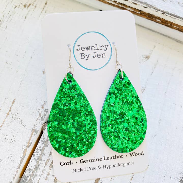 Medium Teardrop Earrings: Chunky Green Glitter for wholesale by Jewelry By Jen