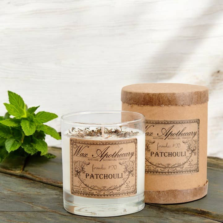 Patchouli Botanical Candle Scotch Glass 7oz for wholesale by Wax Apothecary