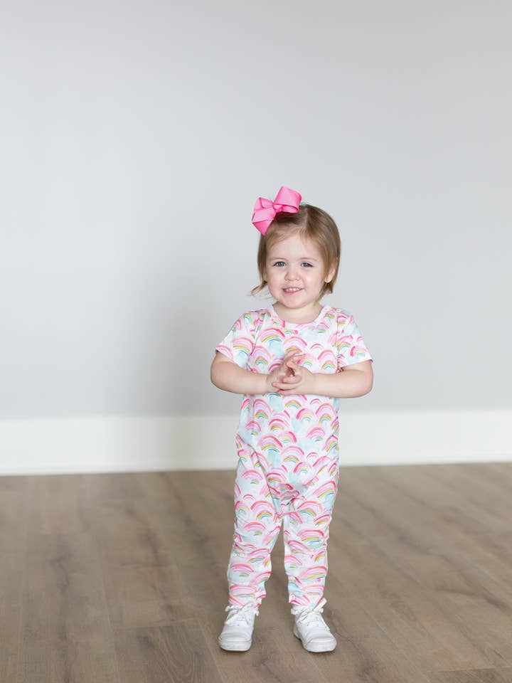 Rainbow Short Sleeve Pants Romper for wholesale by Sweet Bay Clothing