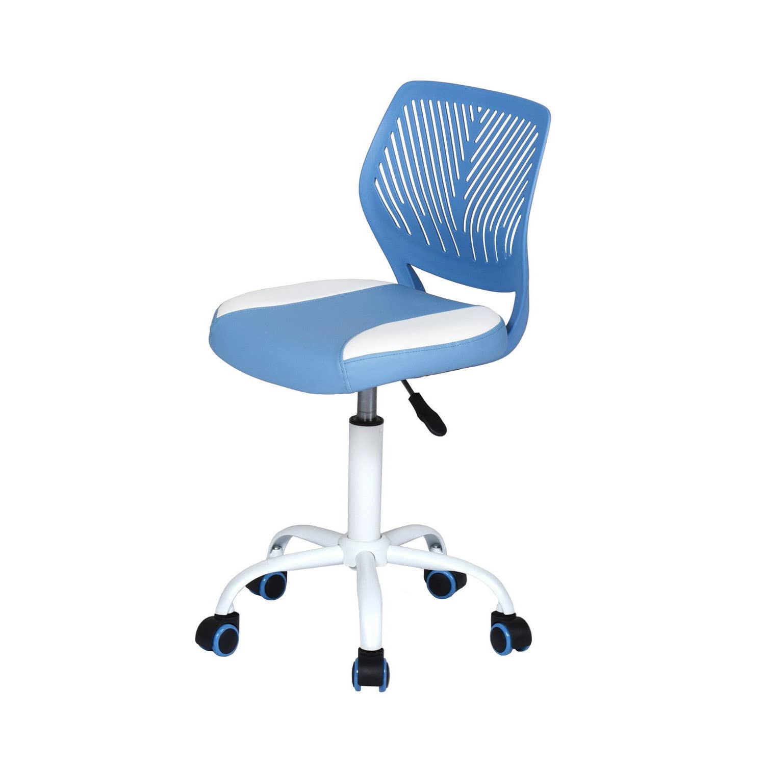 HomeRoots - Vente Chaises - Chaise de bureau pivotante à roulettes réglable en hauteur bleu et blanc4