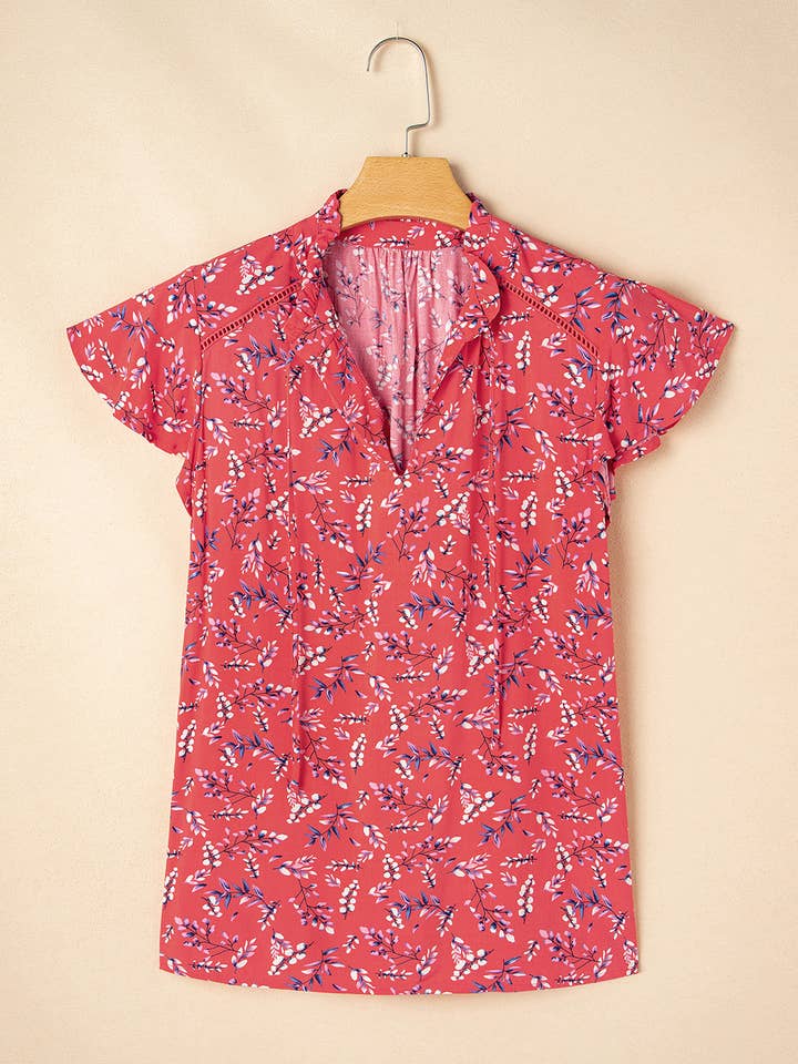 Red Floral Tie Split Neck Short Flounce Sleeve Crinkled Blouse for wholesale on Faire