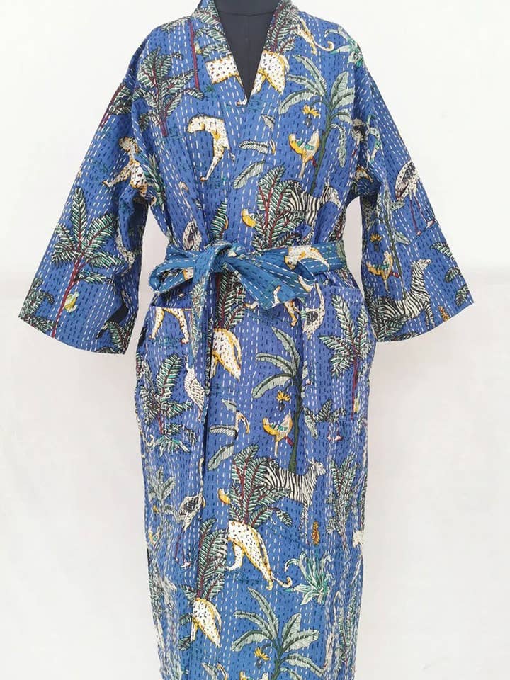 Women Reversible Long Kimono Jacket Kantha Stitch100%Cotton for wholesale by The Eastern Loom