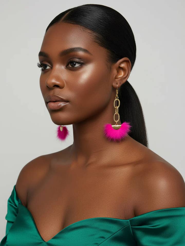 Pink White Gold Chain Faux Fur Dangle Earrings for wholesale by Designed By Risha
