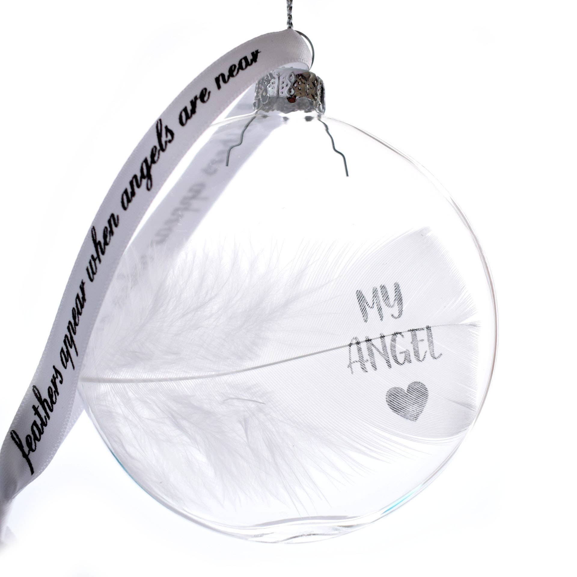 Amaya Rose Ltd. - Wholesale Ornament - MY ANGEL Memory Bauble Glass Round. Real White Feather1