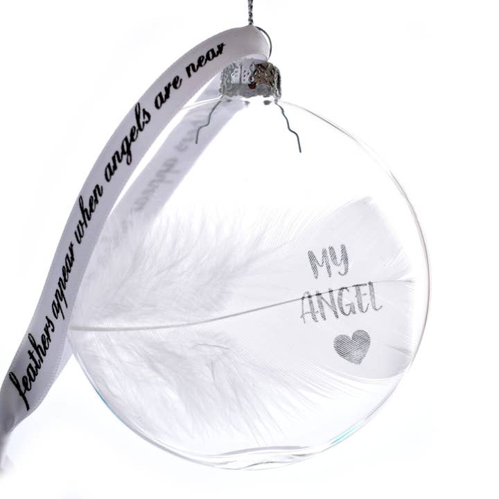 Amaya Rose Ltd. - Wholesale Ornament - MY ANGEL Memory Bauble Glass Round. Real White Feather1