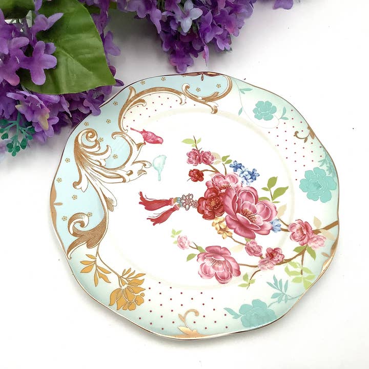 Assiette à salade Songbird sur fond bleu aqua et motif floral, 8 pouces pour la vente par All Little Cute Things