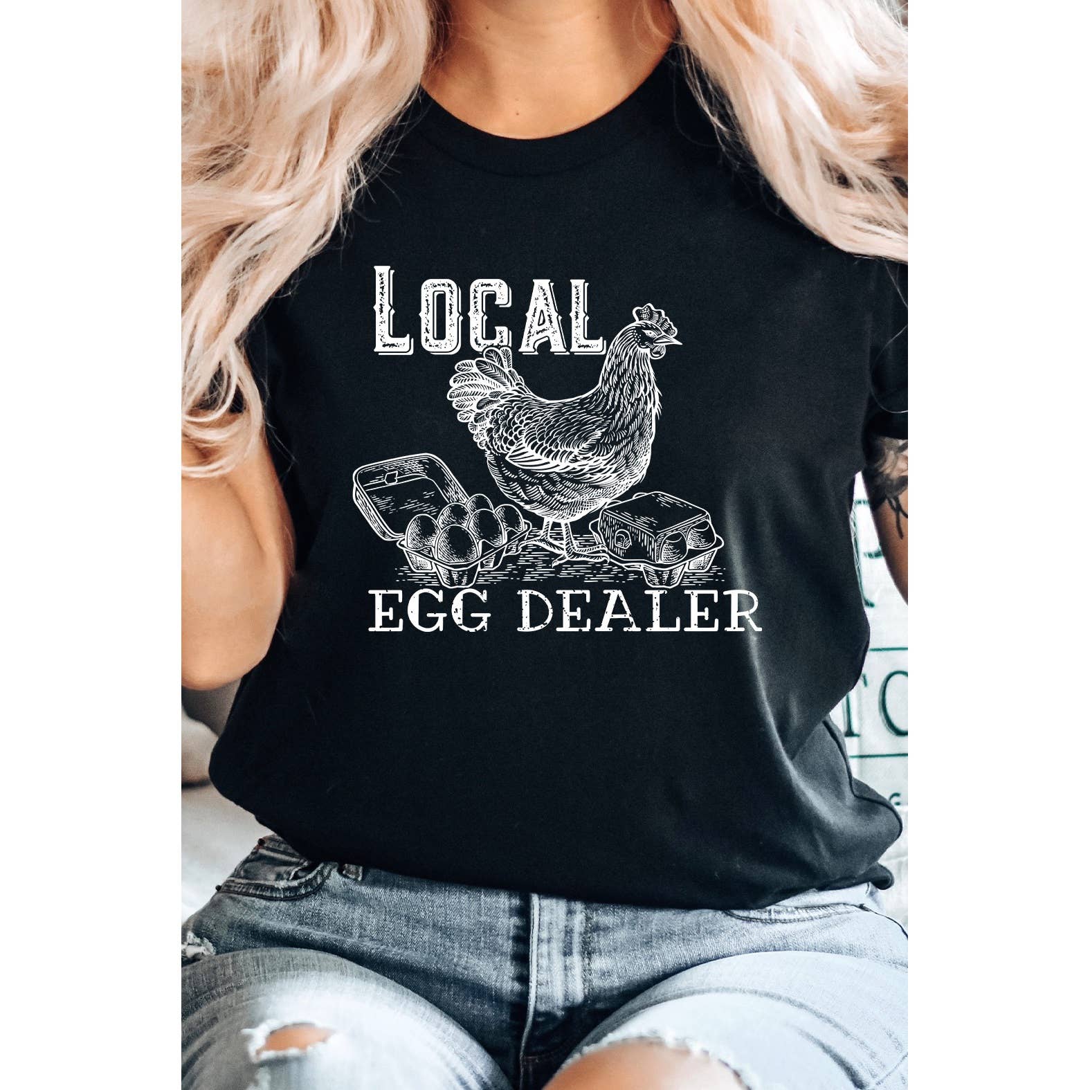 Kissed Apparel – wholesale Screen printed t-shirt – Women′s – Local Egg Dealer, Hen, Chicken, Farm Rustic Chic Graphic Tee0