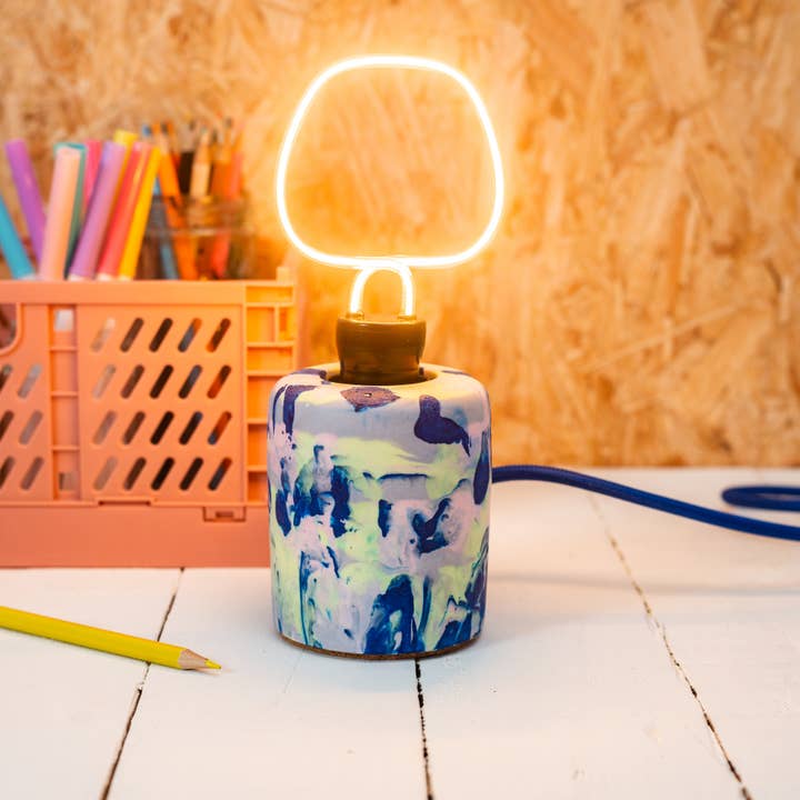 Jesmonite blue & neon marbled design lamp for wholesale by Nine Angels