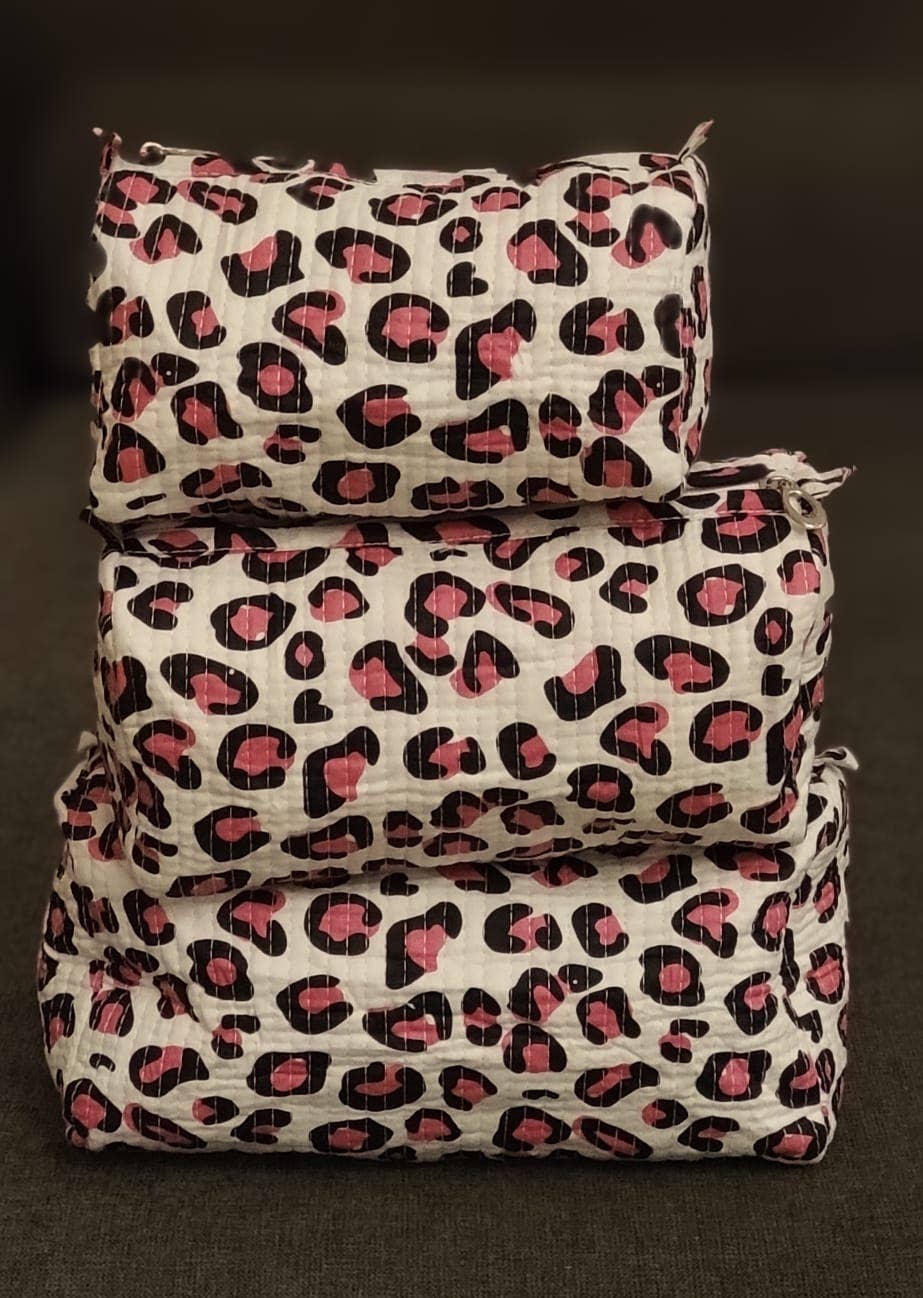 Ayras World - Vendita all'ingrosso Borsa per trucchi/cosmetici - Set di 3 beauty case in cotone con stampa leopardata rosa per viaggio e trucco2