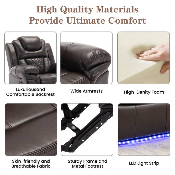 Orange County Decor - Wholesale Chair - Home Theater Seating Manual Recliner Chair With Led Light Strip For Living Room,Bedroom, Brown Brown Foam Faux Leather