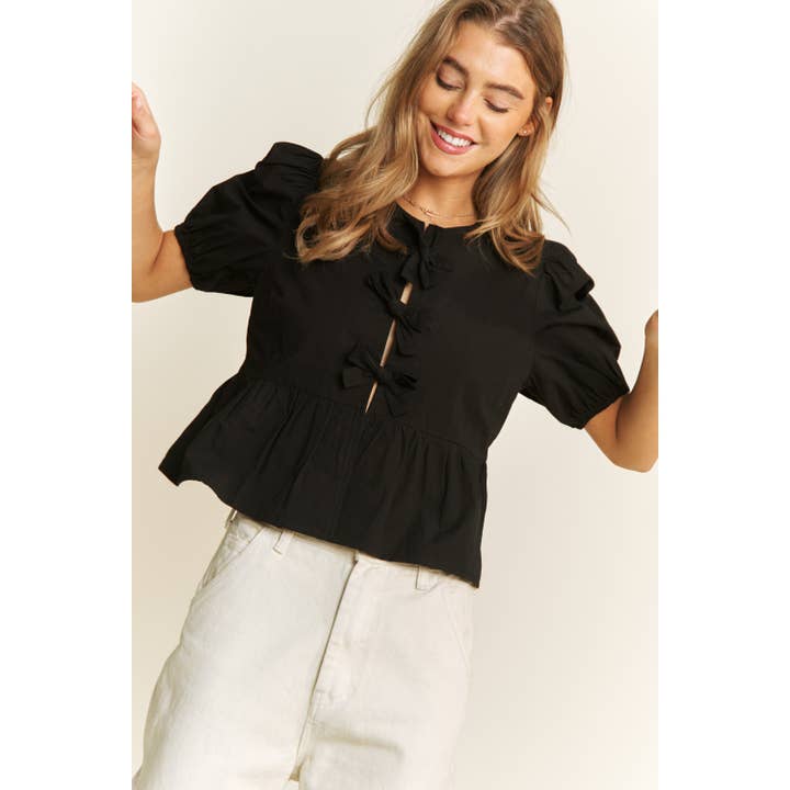 Sweet Generis - Wholesale Blouse - Women's - COTTON WOVEN SOLID OPEN FRONT BABYDOLL TOP BLOUSE WITH BOW D
