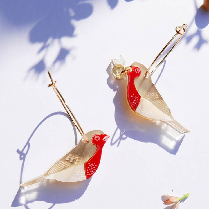 Gold hoop earrings with handmade Robin bird. for wholesale by BiCA-Good Morning Design