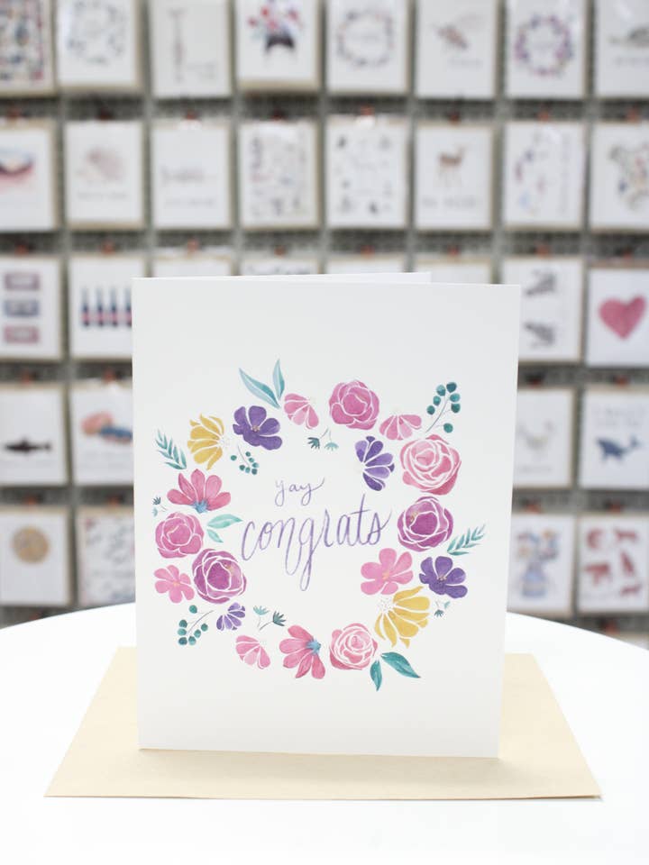Yay Congrats Flower Wreath Bright Card for wholesale by Covered With Art