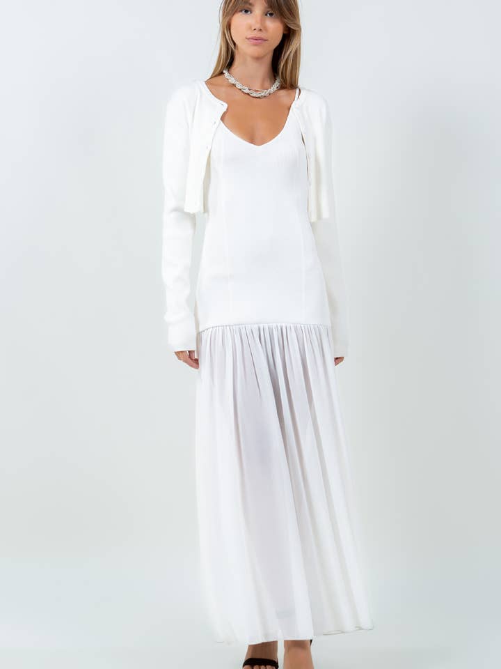 ABNEHMBARER CARDIGAN MIT CHIFFON-MIX-STRICKKLEID - WEISS für den Großhandel von Whiteroom+Cactus