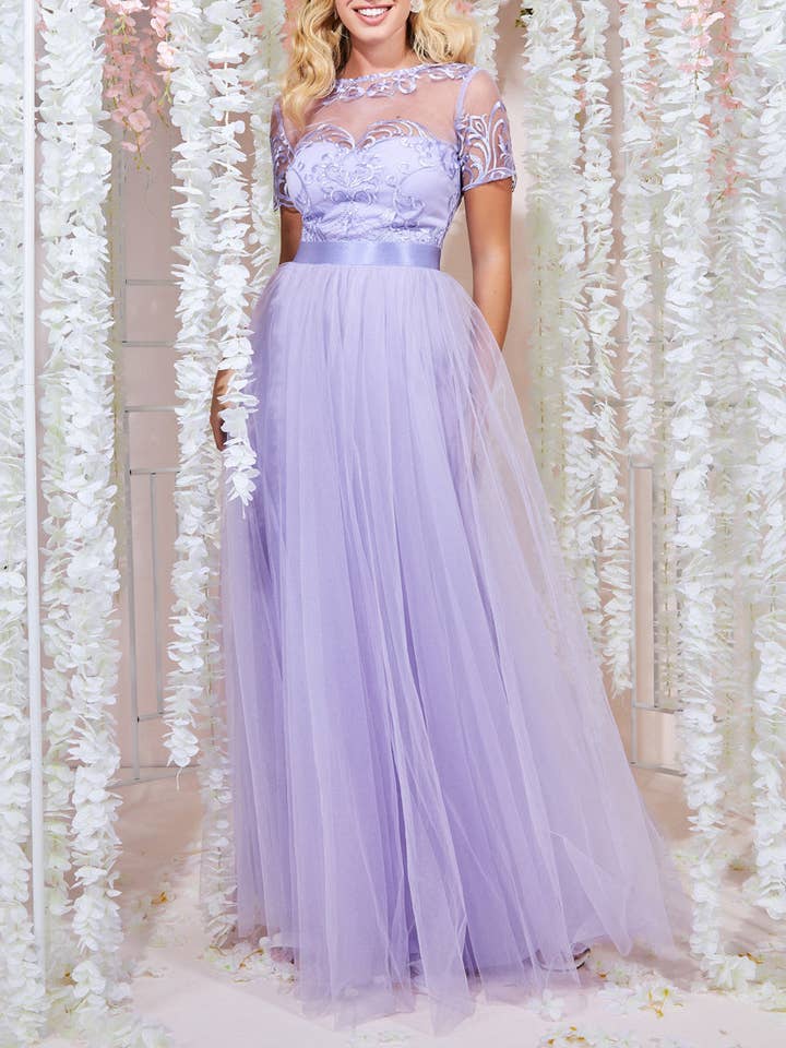 GODDIVA EMBROIDERED MESH WITH PLAIN MESH MAXI DRESS DR3584 for wholesale by Goddiva