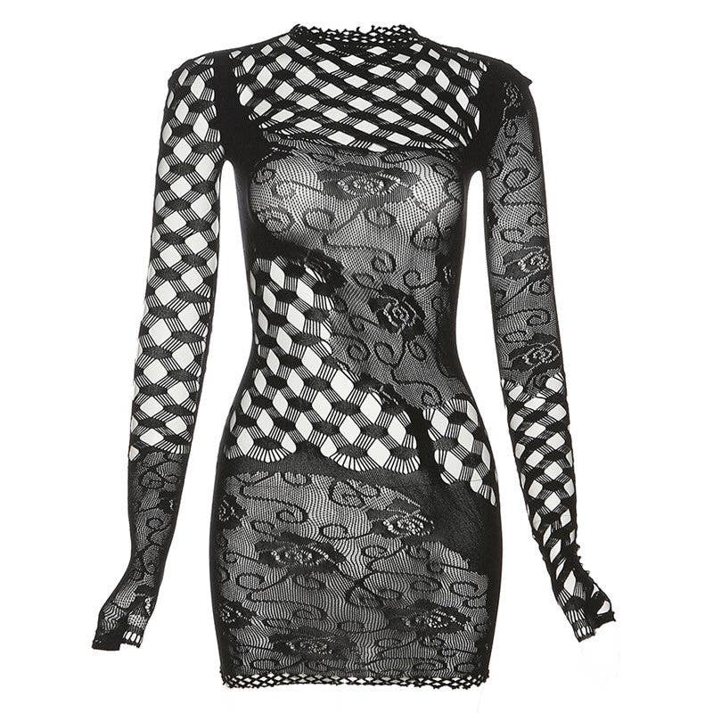 Black Summer Women Clothing Fishnet Clothes Nightclub Sexy Sexy Jacquard Hollow Out Cutout Out See Through Slim Dress for wholesale on Faire3