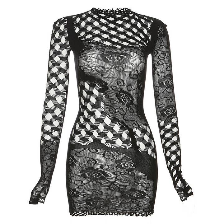Black Summer Women Clothing Fishnet Clothes Nightclub Sexy Sexy Jacquard Hollow Out Cutout Out See Through Slim Dress for wholesale on Faire3