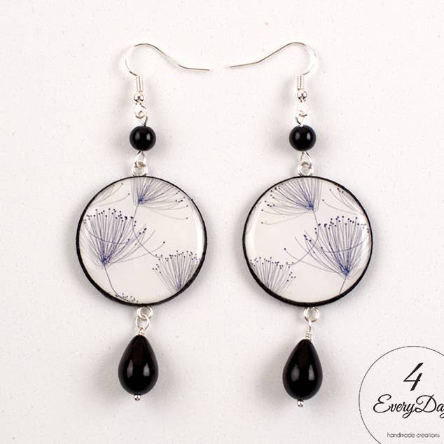 Wood and resin earrings - Black and white dandelions for wholesale by 4everyday Handmade