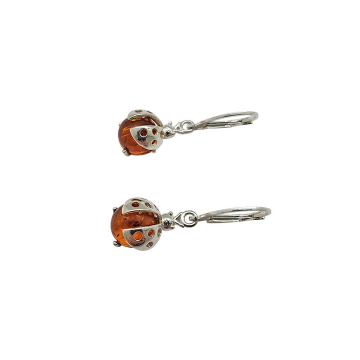 Amberman - Venta al por mayor Pendientes colgantes - Pendientes con ganchos de plata de ley con ámbar y coñac Ladybug