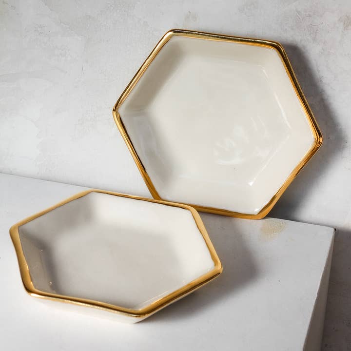 White Hexagon Ring Dish | Handmade Pottery with Gold for wholesale by Apricity Ceramics