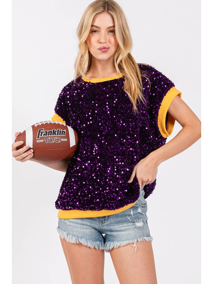 Purple Lava - Wholesale Blouse - Women's - GAMEDAY VELVET SEUQUIN TOP