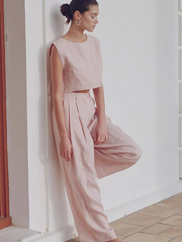 NINEXIS - Wholesale Top & Pant Set (NOT Loungewear) - Women's - CWSTB1800_LINEN SLEEVELESS TOP & WIDE LEG PANTS SET2
