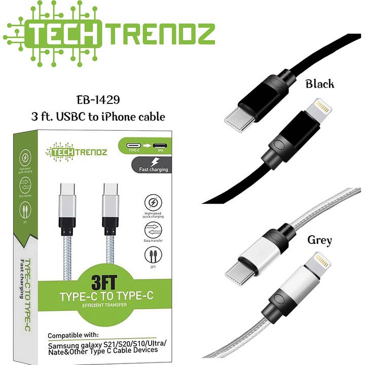 3FT. USB-C to Lightning Cable for wholesale by Tech Trendz