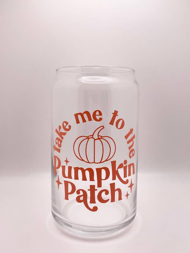 Orange Take Me To The Pumpkin Patch Autumn Can Glass Cup for wholesale by Jeanne Mari & Co