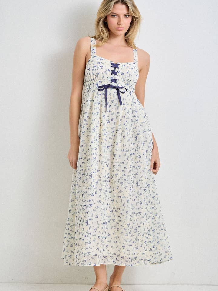 Floral Print Lace-Up Bodice Maxi Dress for wholesale by Baevely by Wellmade USA