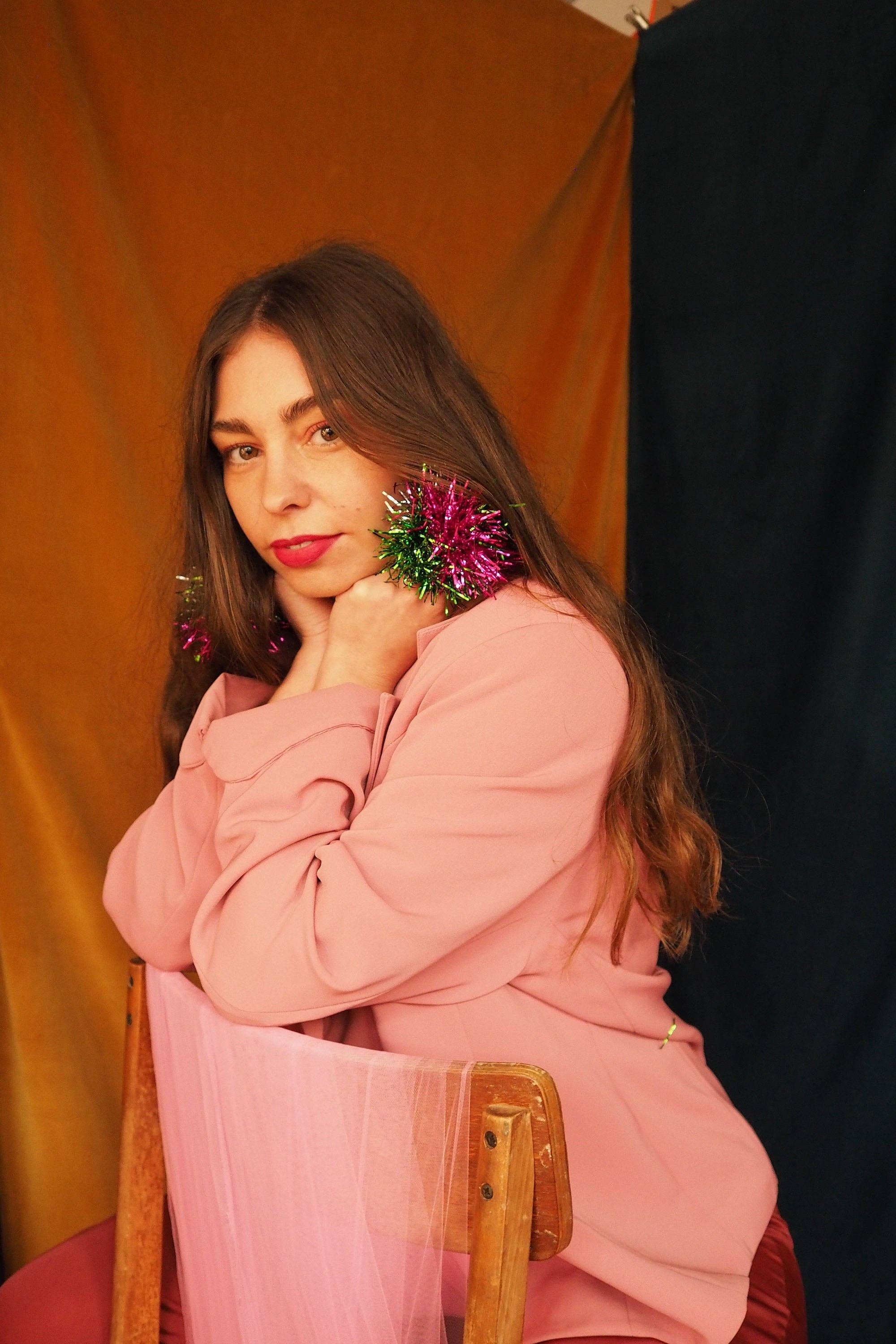 Fat Pom Poms – wholesale Dangle earrings – Green, Pink & Silver Tinsel Pom Pom Earrings - Pom Poms - Christmas Fall Jewelry6