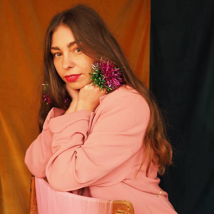 Fat Pom Poms - Wholesale Dangle Earrings - Green, Pink & Silver Tinsel Pom Pom Earrings - Pom Poms - Christmas Fall Jewelry6