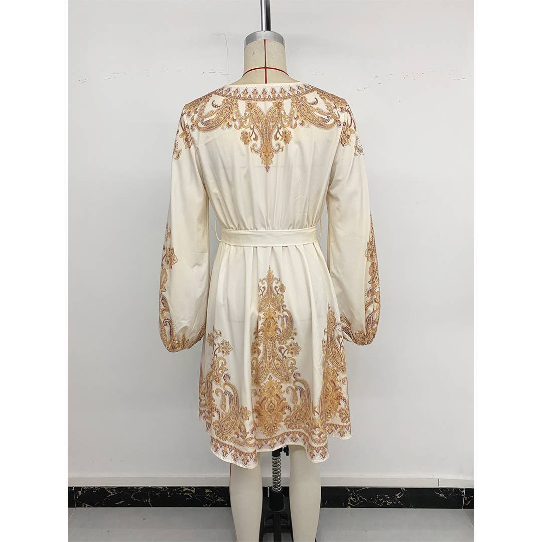 Apricot Elegant Ethnic Vintage V-Neck Paisley Print Dress BFZY1651 for wholesale on Faire6