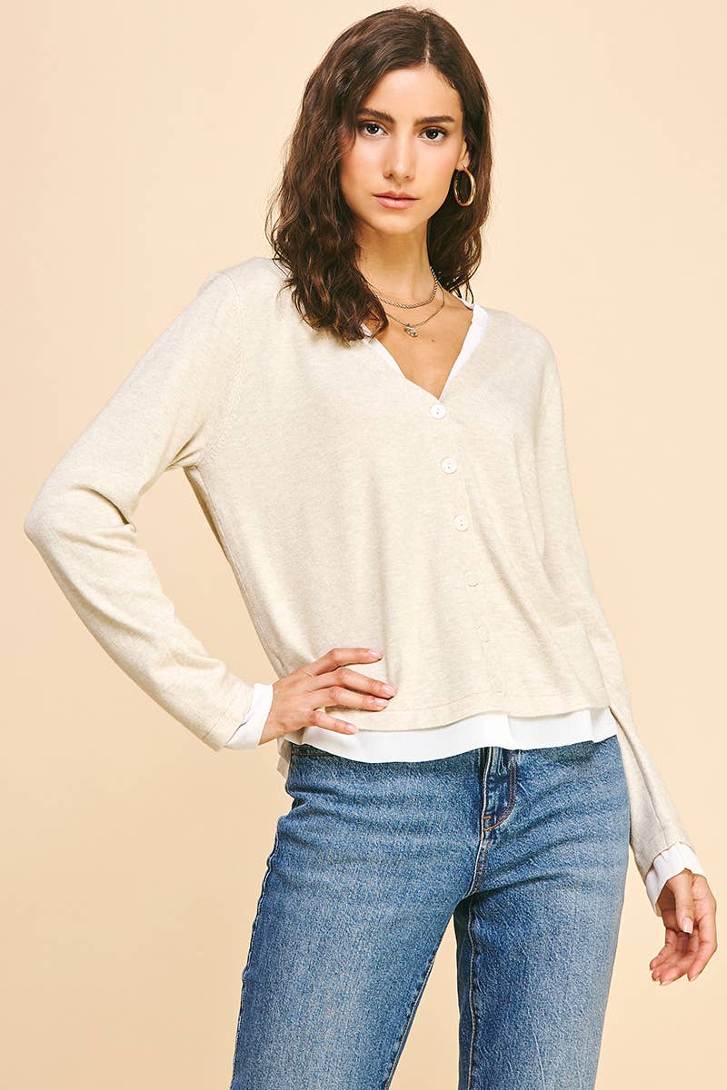 PINCH - Wholesale Knit Top - Women's - V-NECK WOVEN COMBO CARDIGAN TOP - 5831W35