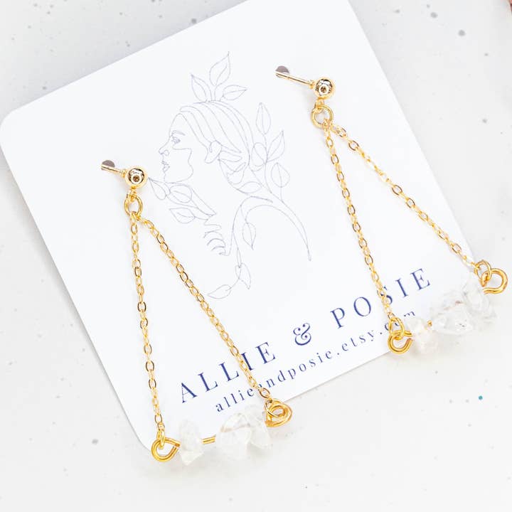 ELLA Chandelier Earrings with raw clear quartz for wholesale by Allie and Posie