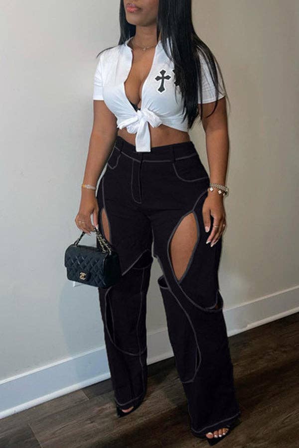 MB Fashion Wholesale - Wholesale Pants - Women's - MB FASHION STRAIGHT LEG HIGH WAIST CUTOUTS PANTS  9127LY17