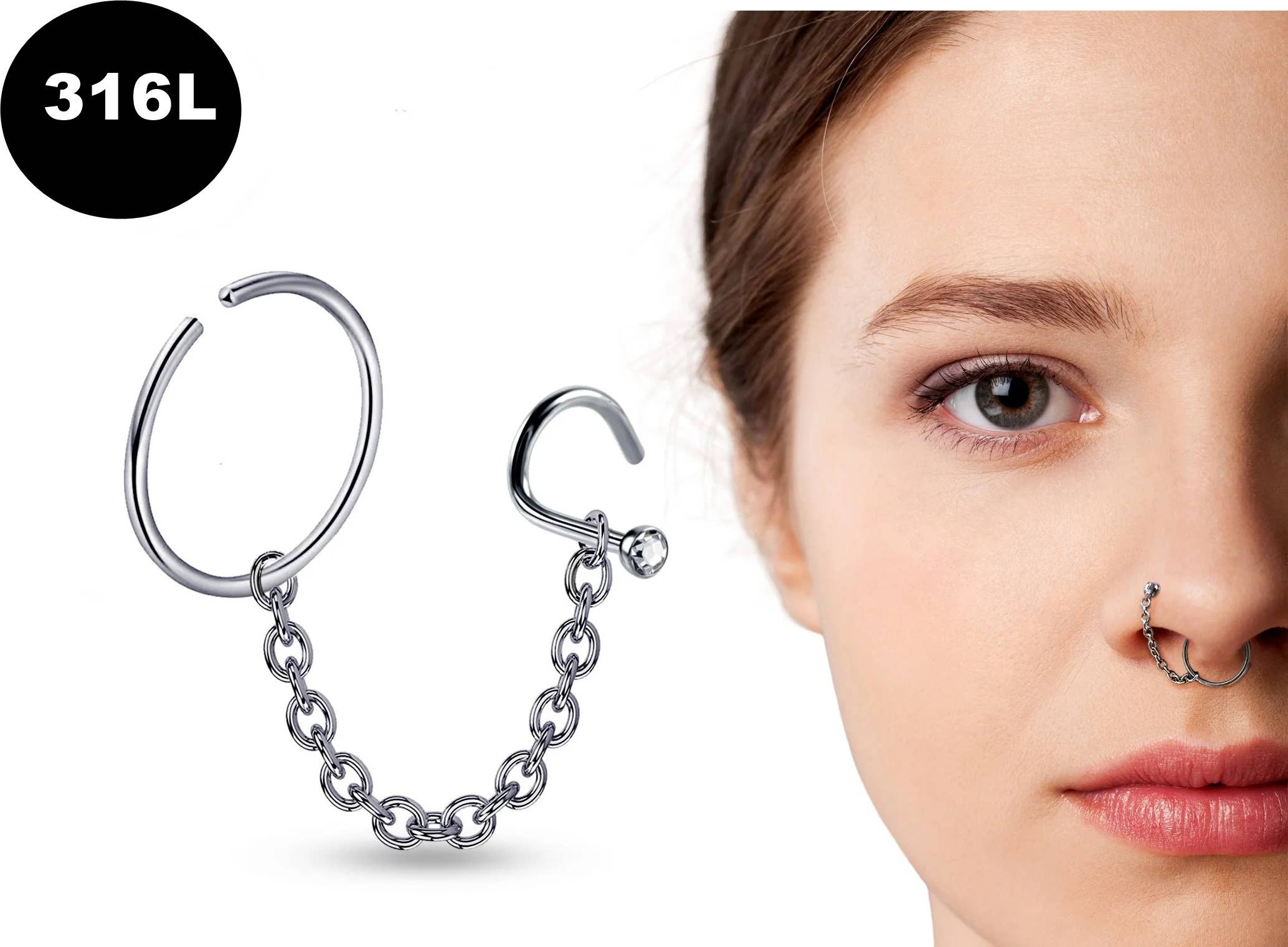 Crystal Clear Nose Screw Stud with Nose Ring And Chain-316L for wholesale on Faire0