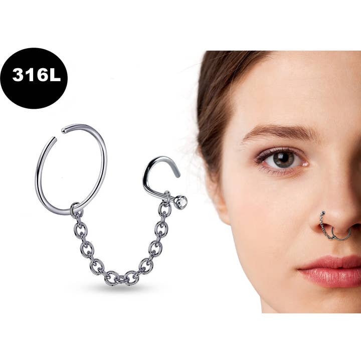 Crystal Clear Nose Screw Stud with Nose Ring And Chain-316L for wholesale on Faire