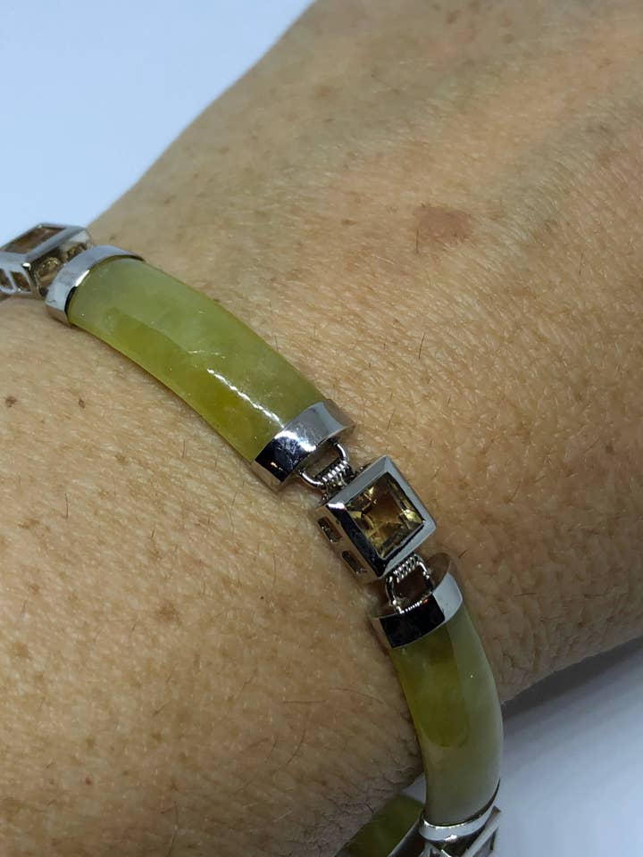 Vintage Handmade mosaic of Golden Citrine and Yellow Jade Rhodium Finished Sterling Silver Bracelet for wholesale by Nemesis Jewelry NYC