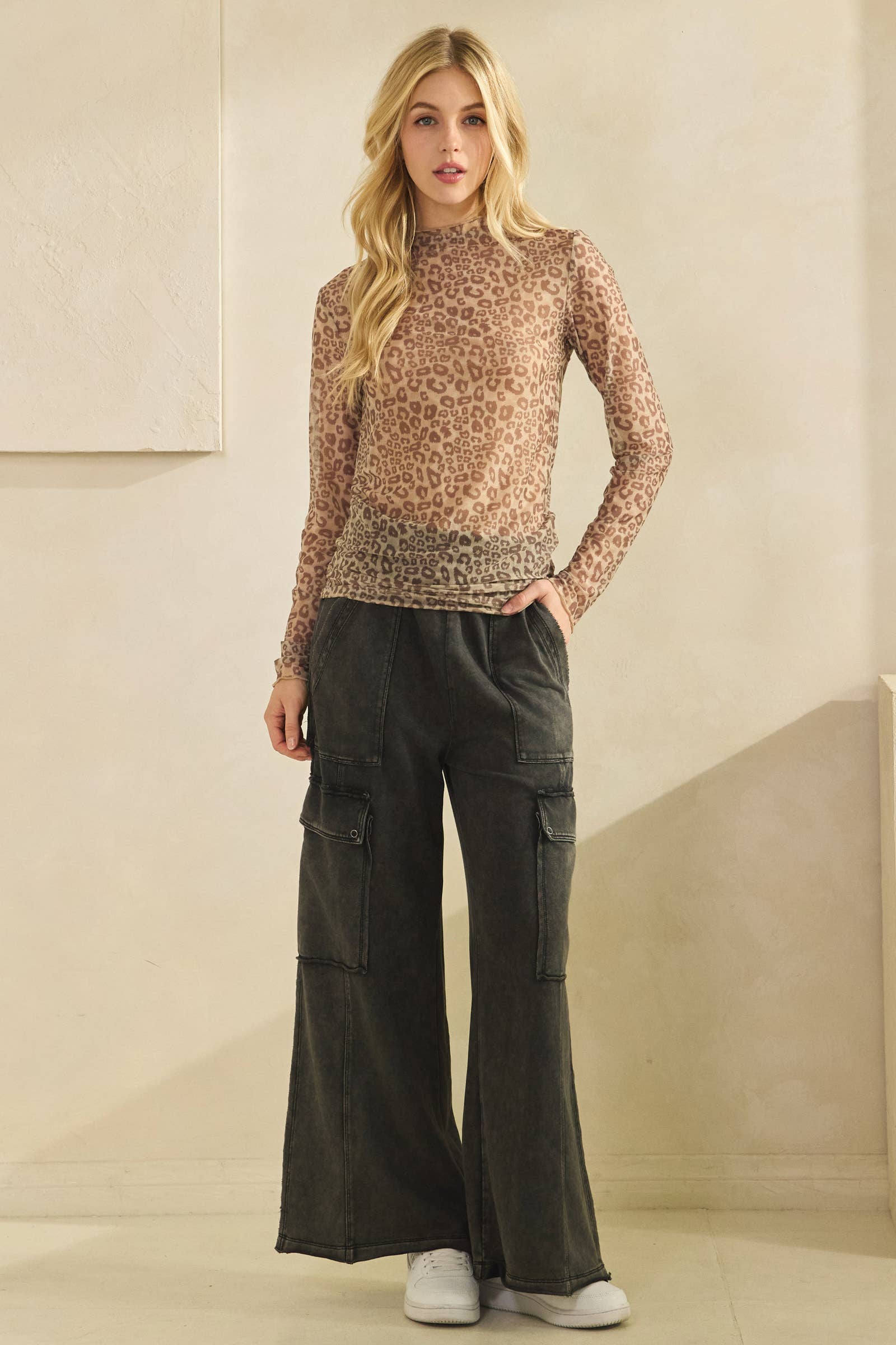 Mocha ANIMAL PRINT MESH LONG SLEEVE TURTLE NECK (ST7165-A) for wholesale on Faire9